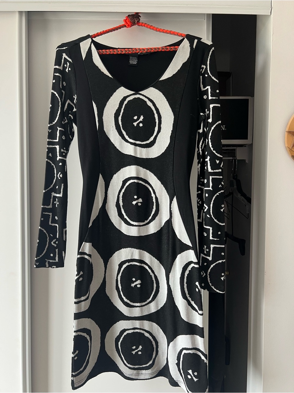 Desigual Black and White Long Sleeve Graphic Circle Dress